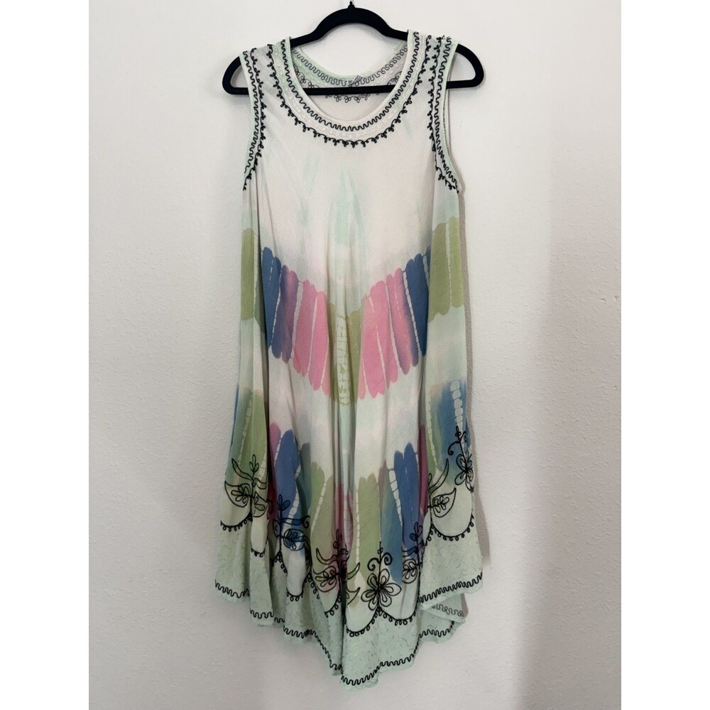 Vintage Hippie Boho Sundress Womens Medium Free Size Tie Dye Embroidered